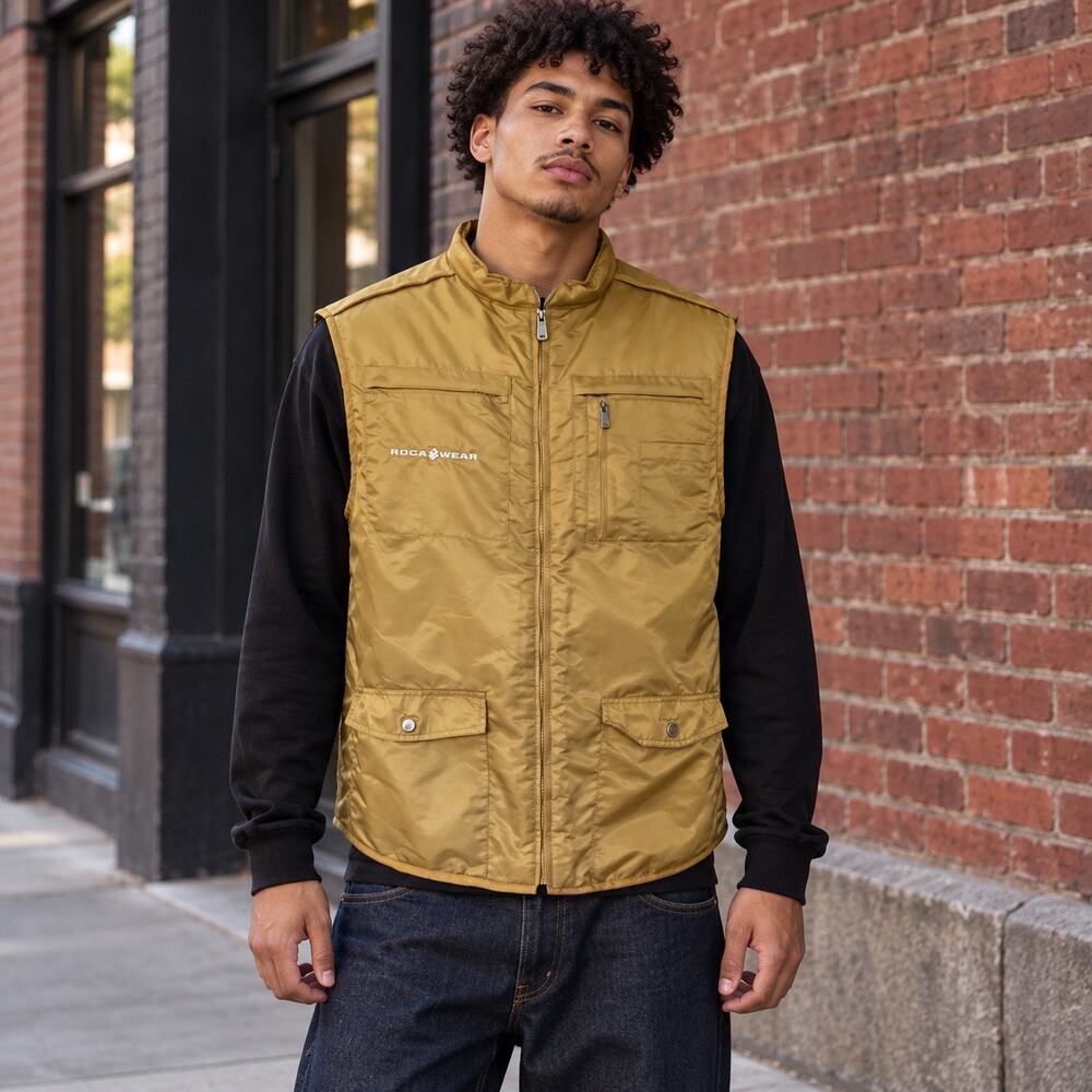 Vintage Y2K Rocawear Boys XL 18/20 Tan Gold Utility Puffer Vest Hip Hop